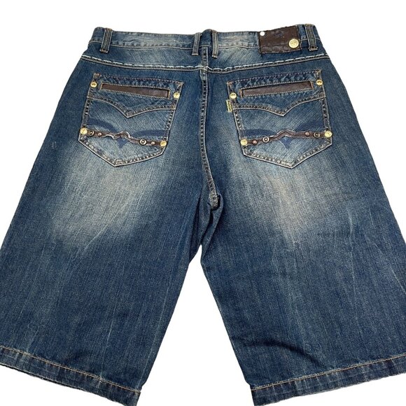 Parish Shorts Men 36W x 14L Blue Stonewash Button Fly Leather High Rise Denim - Picture 1 of 14